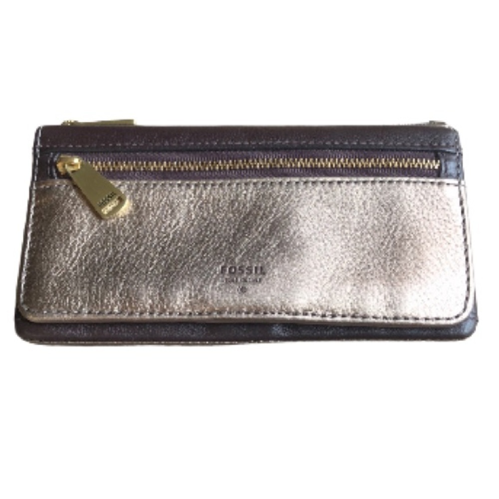 Fossil brown goldtone pebbled leather womens wallet